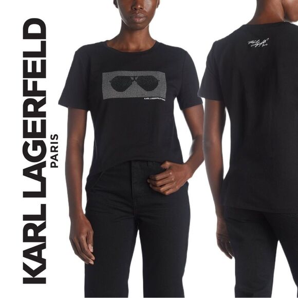 Karl Lagerfeld Women’s Signature Bling Sunglass Logo Black‎ Tee Shirt - Size XS - Picture 1 of 3